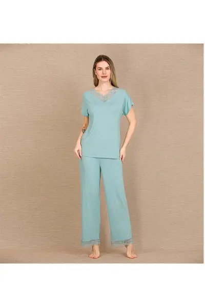 Closet Viskon Şık Tasarım Dantel İşlemeli Mint Yeşil Kısa Kol Pijama Takımı