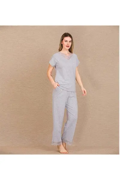 Closet Viskon Şık Tasarım Dantel İşlemeli Gri Kısa Kol Pijama Takımı