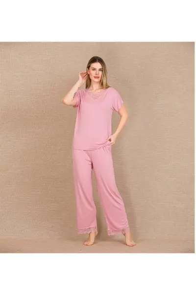 Closet Viskon Şık Tasarım Dantel İşlemeli Pembe Kısa Kol Pijama Takımı