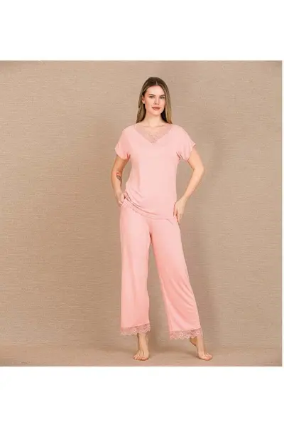 Closet Viskon Şık Tasarım Dantel İşlemeli Açık Pembe Kısa Kol Pijama Takımı
