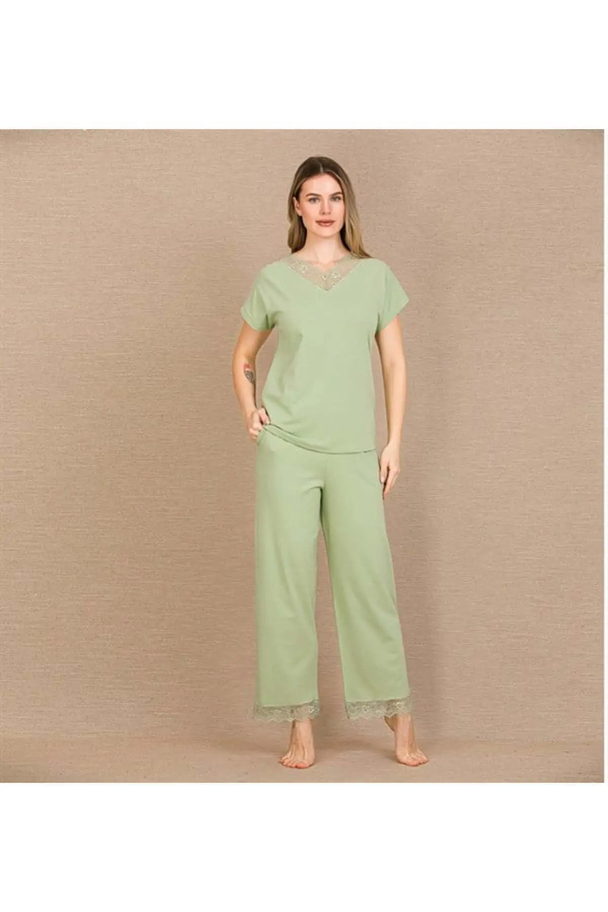 Closet Pamuklu Şık Tasarım Dantel İşlemeli Yeşil Kısa Kol Pijama Takımı