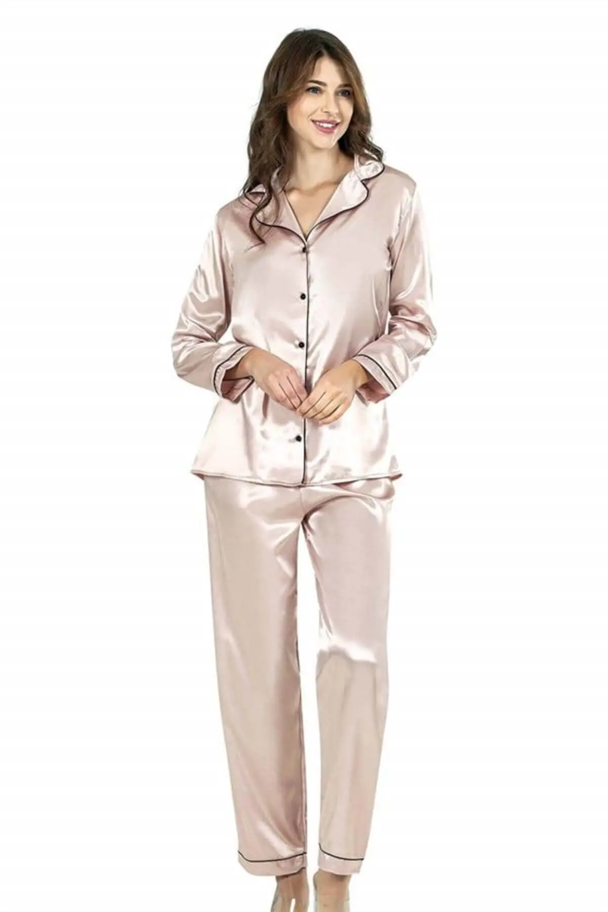 Pudra İkili Saten Gecelik Pijama Takımı 7647