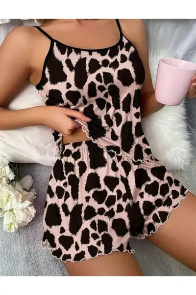 Leopar Desenli Askılı Şortlu Pijama Takımı
