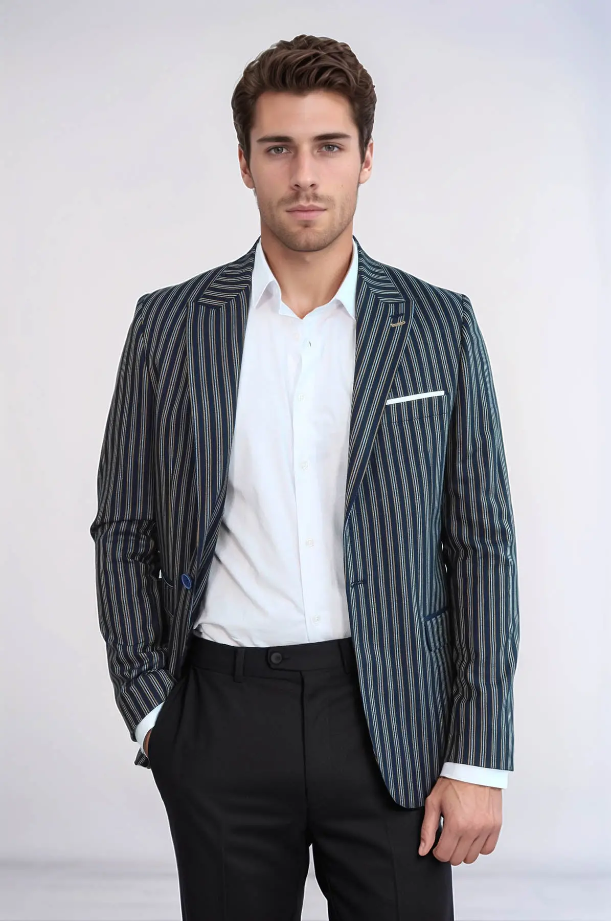 Çizgili Koyu Slim Fit Lacivert Erkek Ceket - Wessi