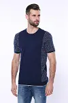 Bisiklet Yaka Kenarları Desenli Lacivert Örme T-shirt | Wessi-2