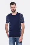 Bisiklet Yaka Kenarları Desenli Lacivert Örme T-shirt | Wessi-1