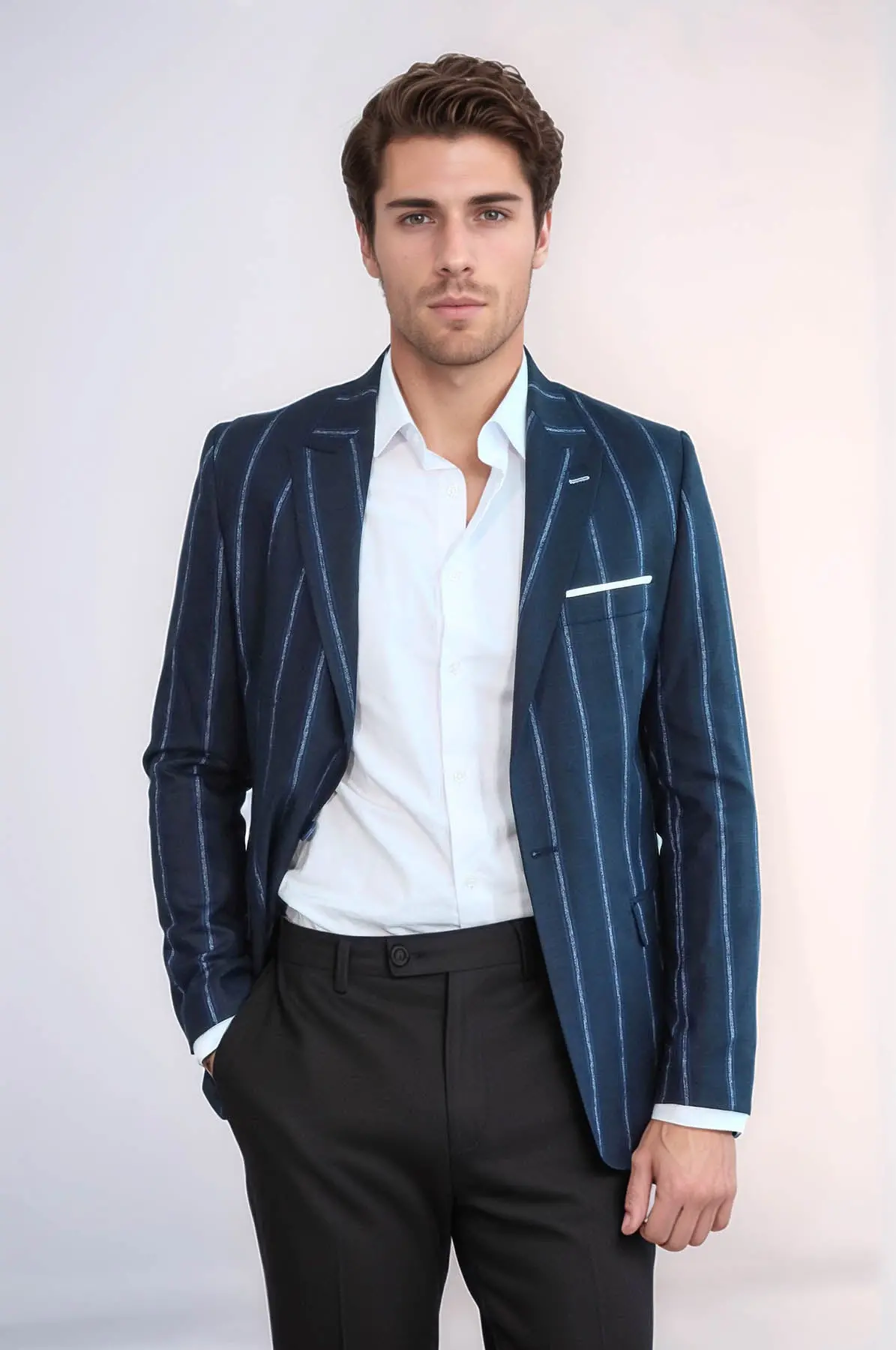 Çizgili Lacivert Slim Fit Ceket | Wessi
