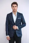 Çizgili Lacivert Slim Fit Ceket | Wessi-4