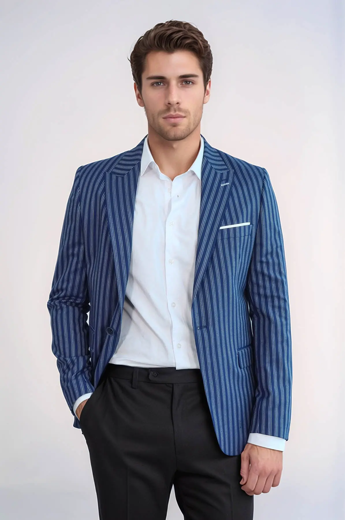 Çizgili Slim Fit Mavi Erkek Ceket - Wessi