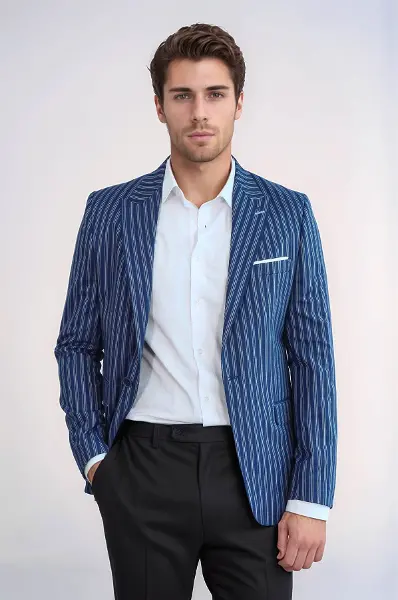 Çizgili Slim Fit Mavi Erkek Ceket - Wessi