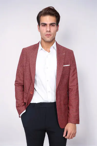 Kendinden Desenli Slim Fit Bordo Ceket - Wessi