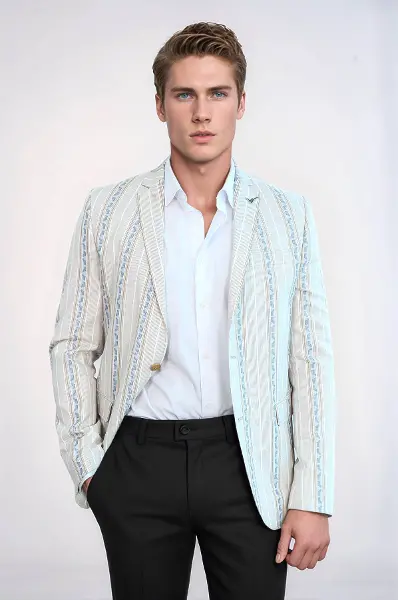 Çizgili Bej Slim Fit Ceket - Wessi