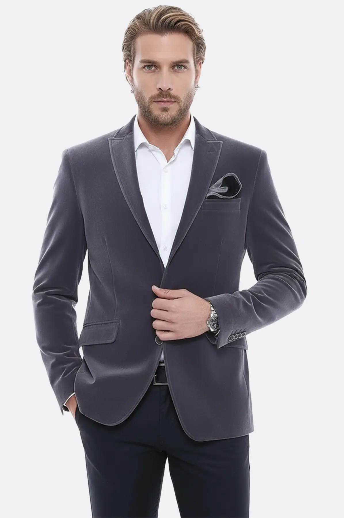 Kadife Slim Fit Gri Erkek Ceket - Wessi