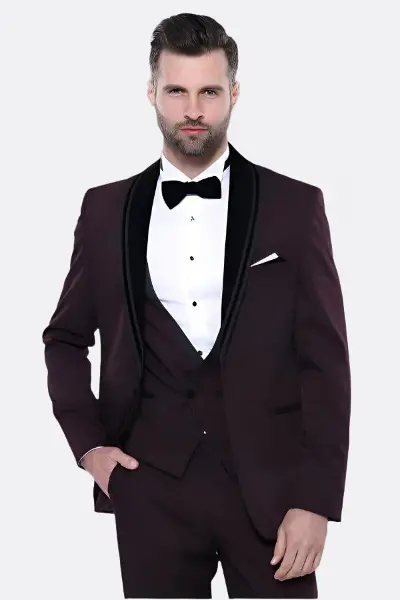Desenli Bordo Velvet Çıkma Yaka Takım Elbise - Wessi