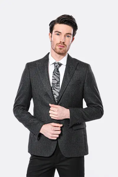 Sivri Yaka Tek Düğme Füme Slim Fit Ceket - Wessi