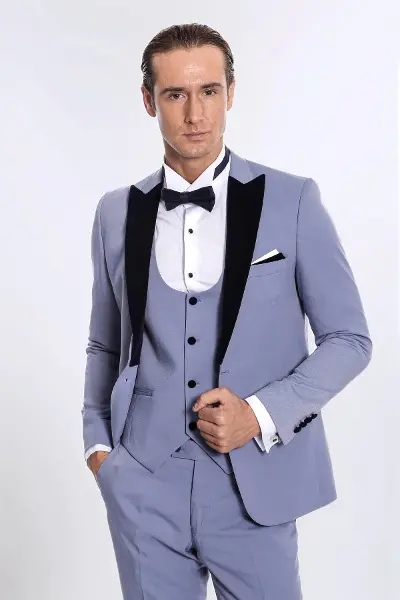 Kadife Yaka Slim Fit Açık Mavi Erkek Damatlık - Wessi