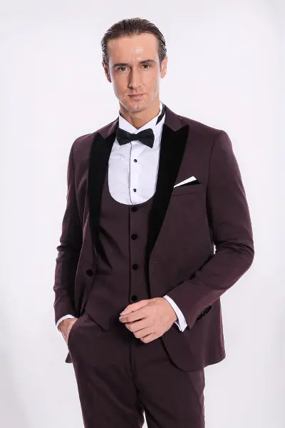 Kadife Yaka Slim Fit Bordo Erkek Damatlık - Wessi