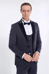 Velvet Yakalı Slim Fit Lacivert Erkek Damatlık - Wessi-1