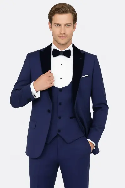 Kadife Yaka Slim Fit Mavi Erkek Damatlık - Wessi