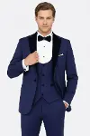 Kadife Yaka Slim Fit Mavi Erkek Damatlık - Wessi-1