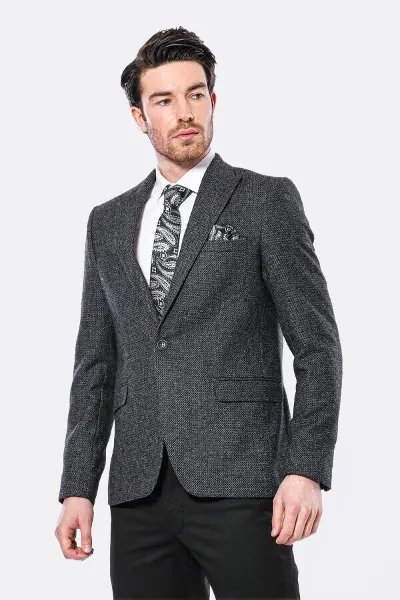 Sivri Yaka Tek Düğme Füme Slim Fit Ceket - Wessi