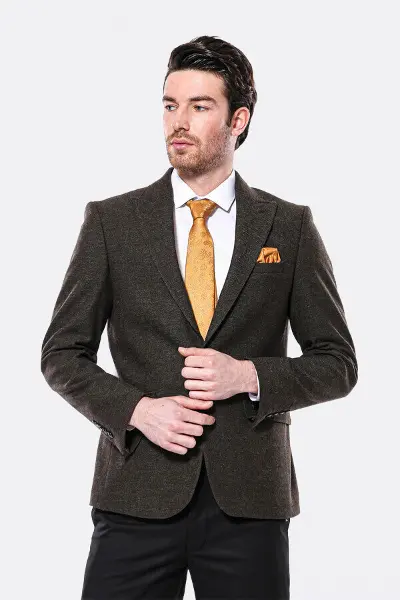 Sivri Yaka Tek Düğme Haki Slim Fit Ceket | Wessi