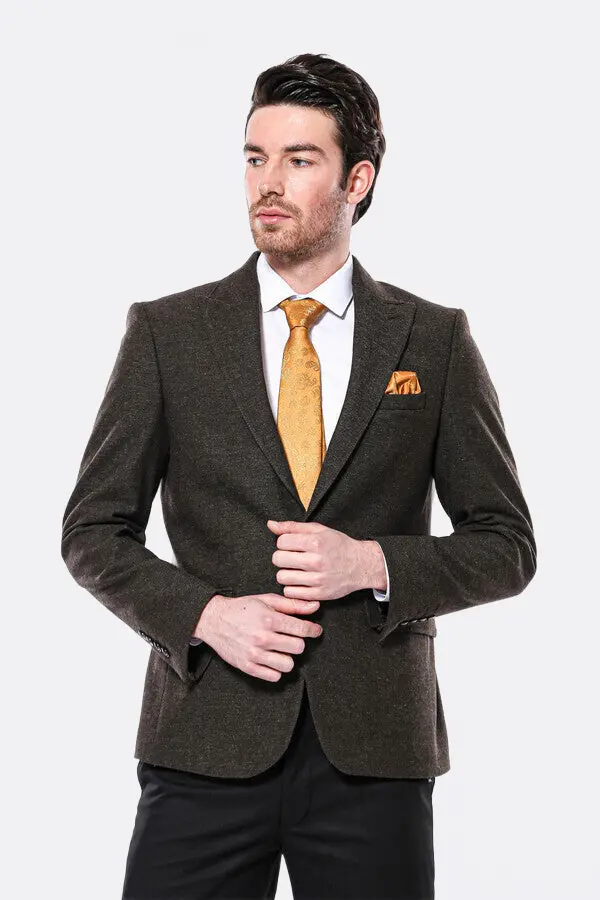 Sivri Yaka Tek Düğme Haki Slim Fit Ceket | Wessi