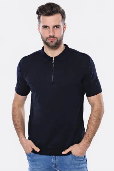 Polo Yaka Lacivert Düz Örme Erkek T-shirt - Wessi