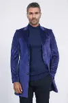 Sivri Yaka Diz Üstü Mavi Erkek Palto - Wessi-4