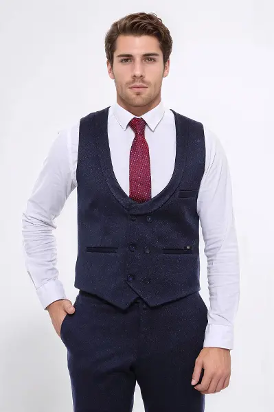 Desenli Kruvaze Koyu Lacivert Erkek Yelek Pantolon Set - Wessi