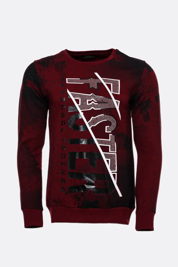 Bordo Taşlı Baskılı Sweatshirt - Wessi