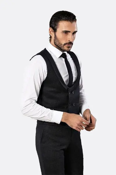 Desenli Kruvaze Lacivert Erkek Pantolon Yelek Set - Wessi