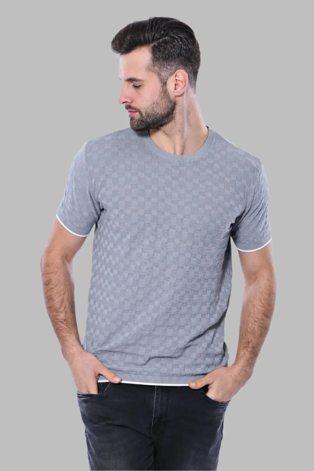 Kendinden Desenli Örme Gri Bisiklet Yaka T-shirt | Wessi