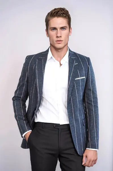 Çizgili Slim Fit Füme Erkek Ceket - Wessi