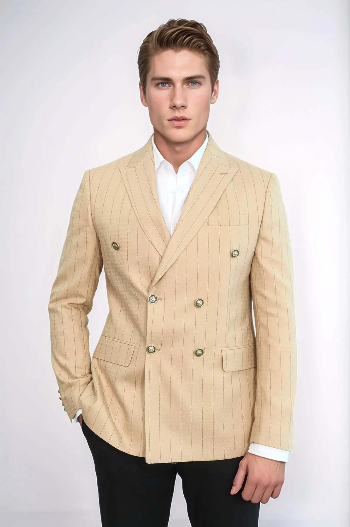 Kruvaze Slim Fit Çizgili Krem Erkek Ceket - Wessi