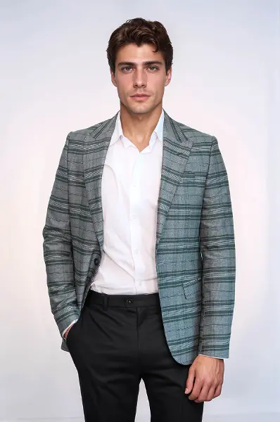 Ekose Slim Fit Tek Düğme Yeşil Erkek Ceket - Wessi
