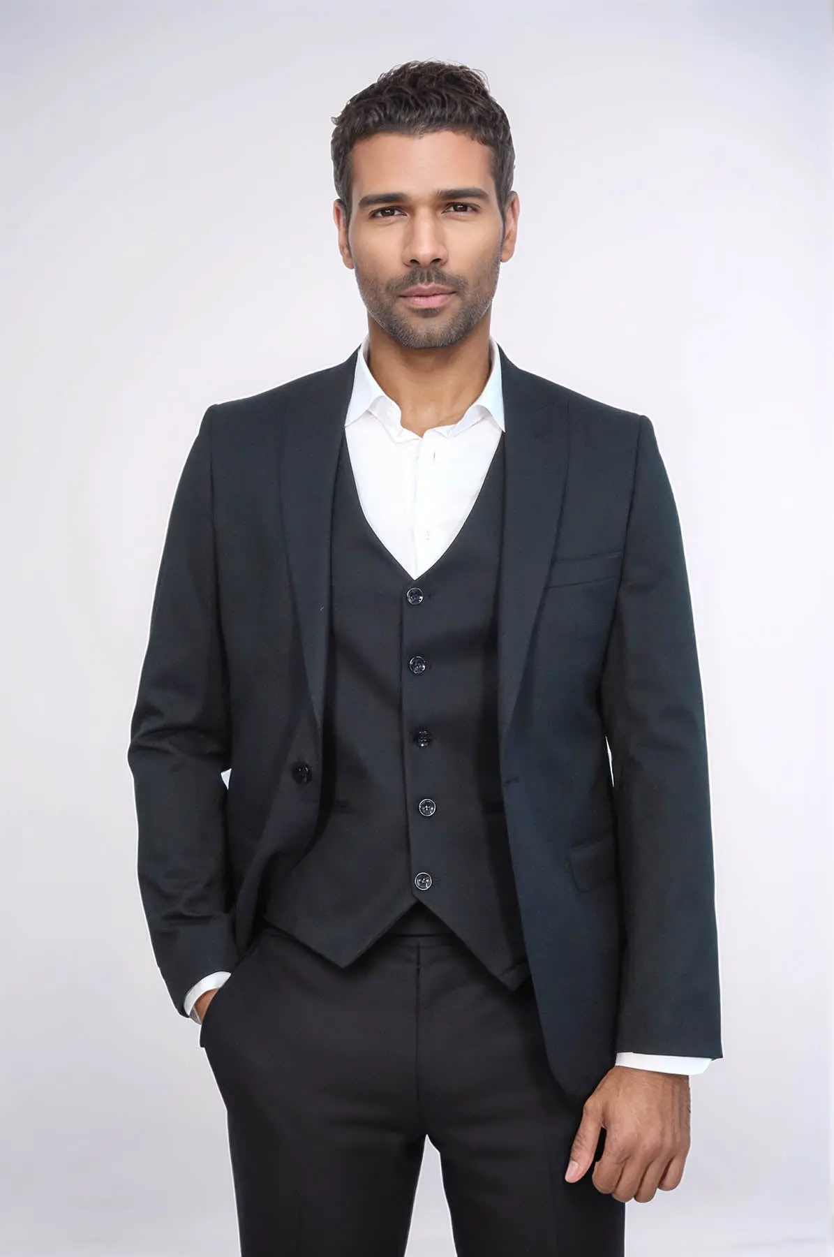 Düz Koyu Lacivert Slim Fit Ceket Yelek Set - Wessi