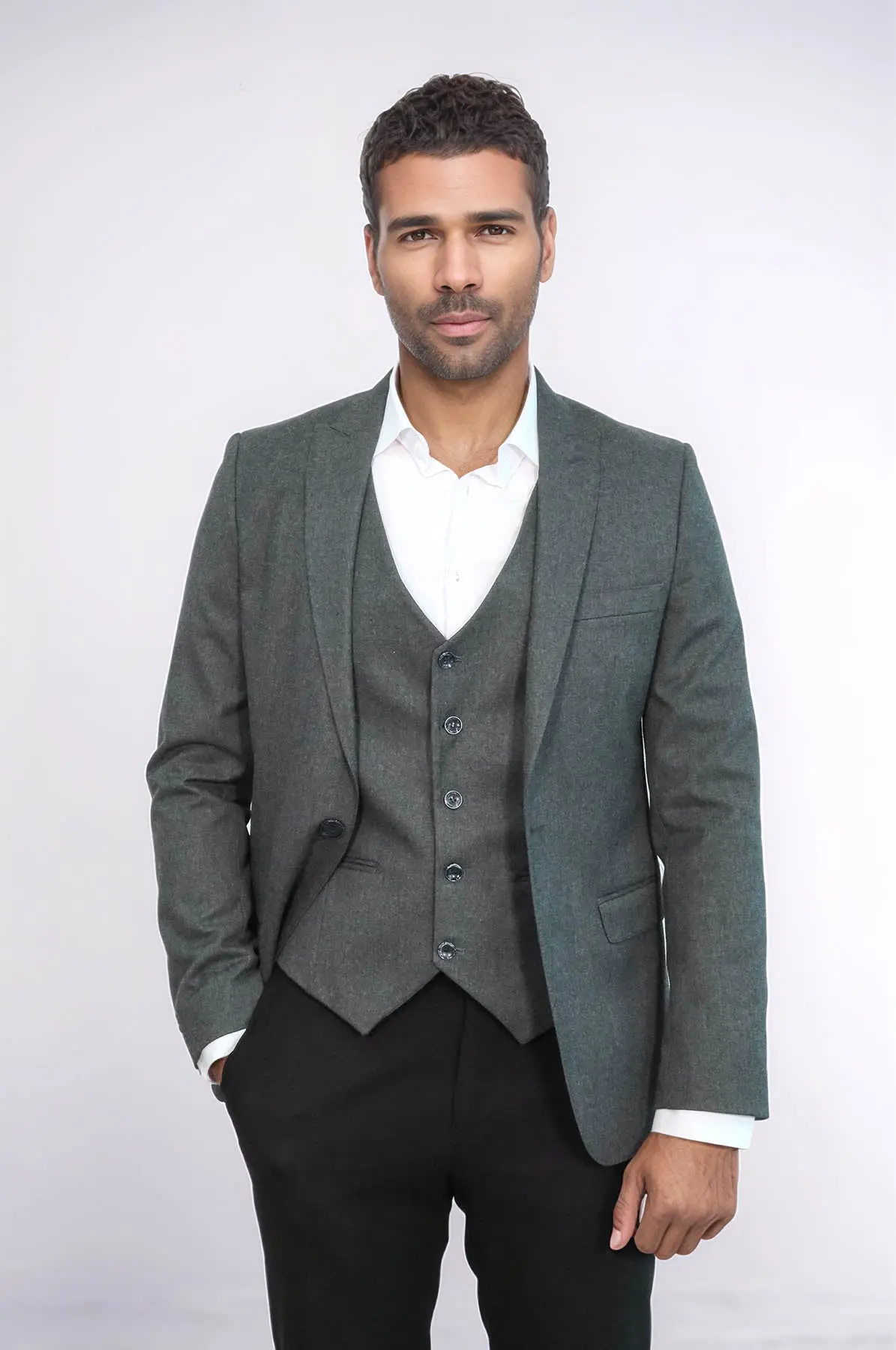 Düz Gri Slim Fit Yelek Ceket Set | Wessi