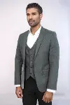 Düz Gri Slim Fit Yelek Ceket Set | Wessi-3