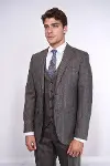 Çizgili Slim Fit Kahverengi Yelekli Takım Elbise | Wessi-3