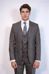 Çizgili Slim Fit Kahverengi Yelekli Takım Elbise | Wessi-4