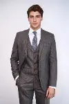 Çizgili Slim Fit Kahverengi Yelekli Takım Elbise | Wessi-1