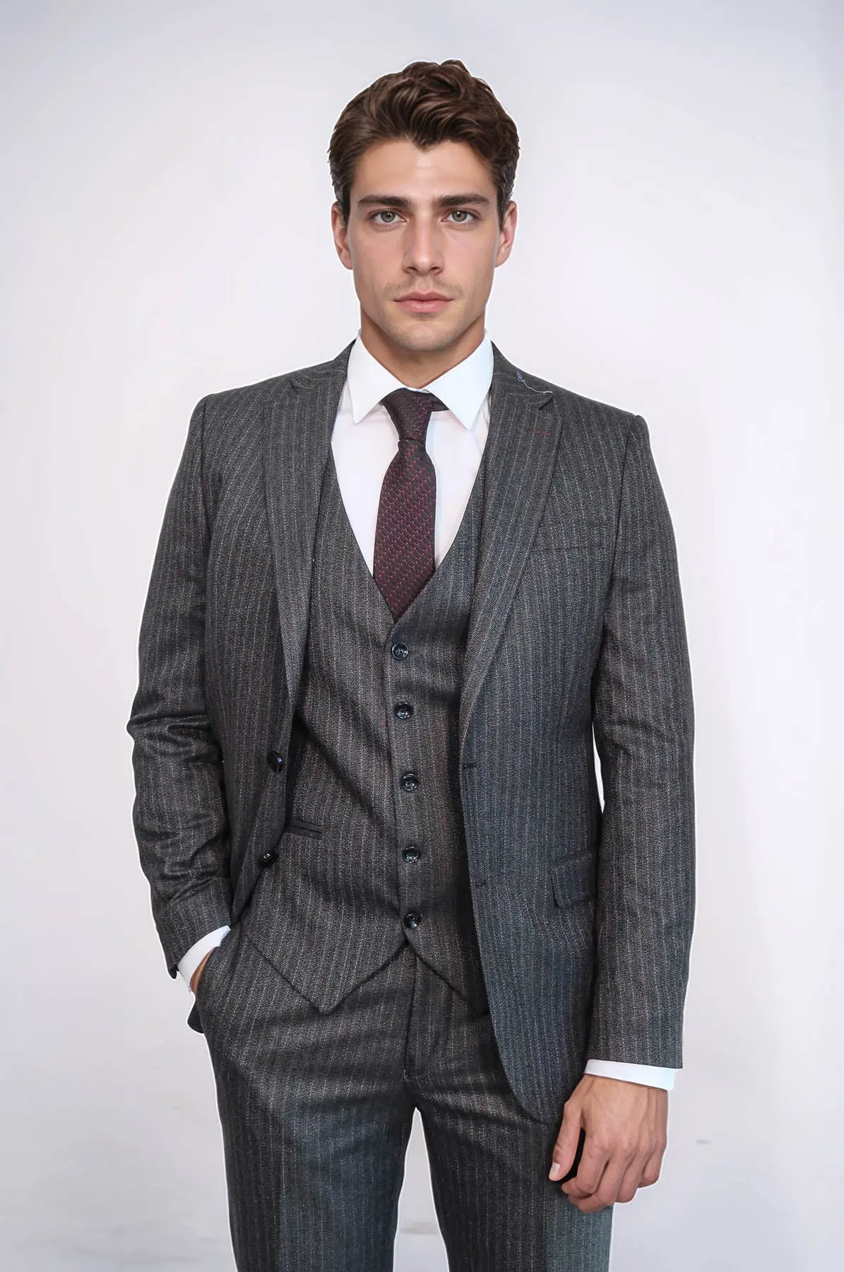 Çizgili Slim Fit Siyah Yelekli Takım Elbise - Wessi