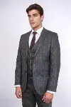 Çizgili Slim Fit Siyah Yelekli Takım Elbise - Wessi-4