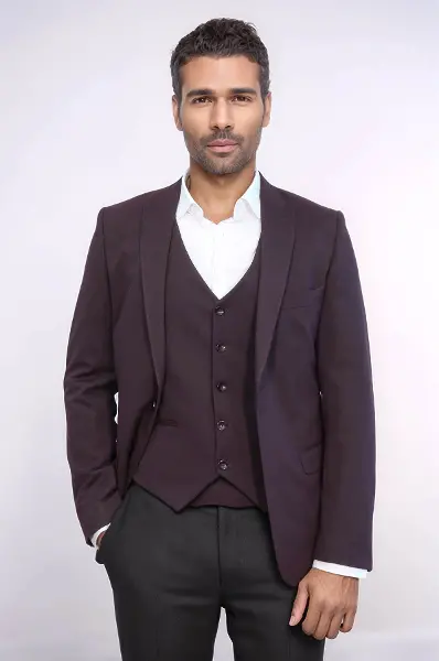 Düz Bordo Slim Fit Yelek Ceket Set | Wessi
