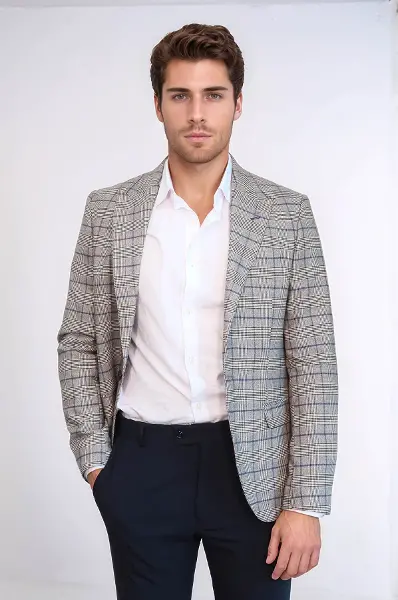 Ekose Slim Fit Bej Erkek Ceket - Wessi