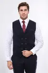 Kruvaze Yakalı Kareli Desenli Lacivert Erkek Yelek - Wessi-3