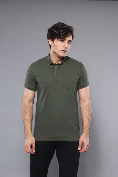 Polo Yaka Düz Haki Erkek T-shirt - Wessi