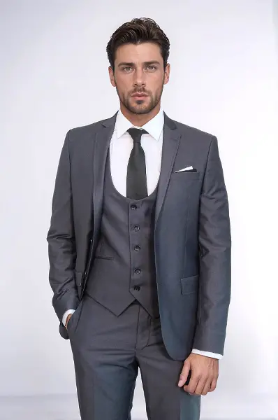 Düz Slim Fit Yelekli Füme Takım Elbise | Wessi