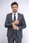 Düz Slim Fit Yelekli Füme Takım Elbise | Wessi-3